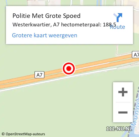 Locatie op kaart van de 112 melding: Politie Met Grote Spoed Naar Westerkwartier, A7 hectometerpaal: 188,5 op 4 oktober 2023 22:56