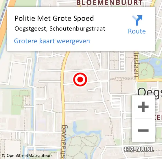 Locatie op kaart van de 112 melding: Politie Met Grote Spoed Naar Oegstgeest, Schoutenburgstraat op 5 oktober 2023 15:51