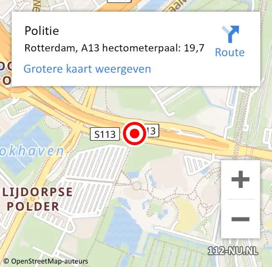 Locatie op kaart van de 112 melding: Politie Rotterdam, A13 hectometerpaal: 19,7 op 5 oktober 2023 16:08