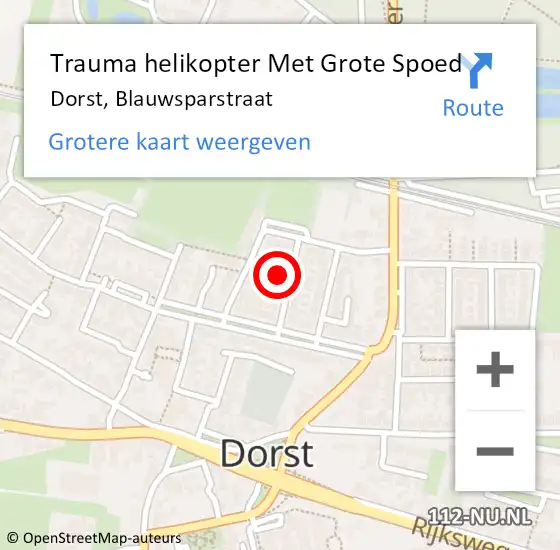 Locatie op kaart van de 112 melding: Trauma helikopter Met Grote Spoed Naar Dorst, Blauwsparstraat op 5 oktober 2023 19:14