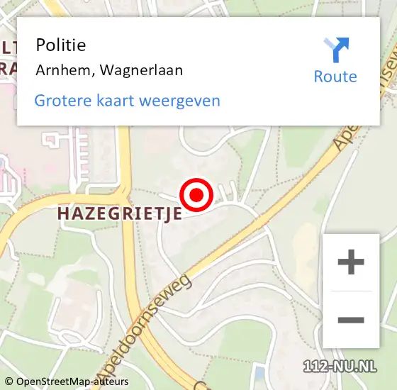 Locatie op kaart van de 112 melding: Politie Arnhem, Wagnerlaan op 6 oktober 2023 10:40