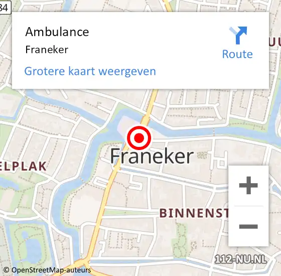 Locatie op kaart van de 112 melding: Ambulance Franeker op 7 oktober 2023 13:13