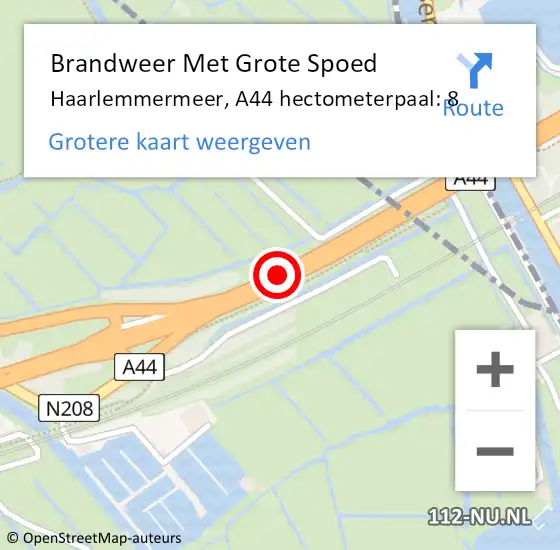 Locatie op kaart van de 112 melding: Brandweer Met Grote Spoed Naar Haarlemmermeer, A44 hectometerpaal: 8 op 7 oktober 2023 13:29