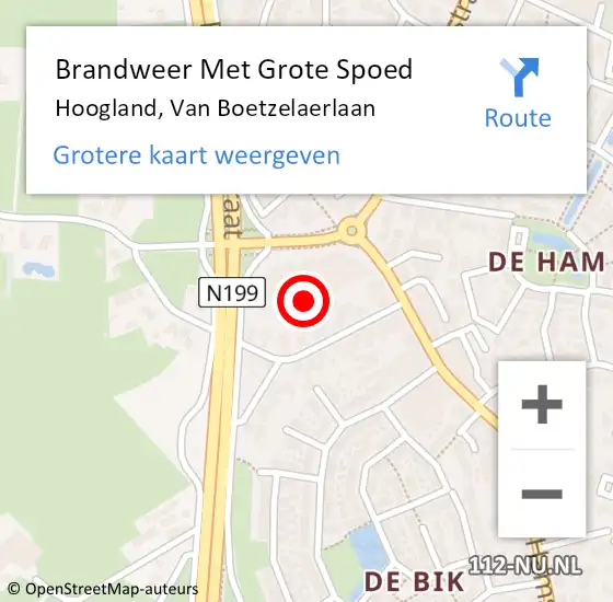 Locatie op kaart van de 112 melding: Brandweer Met Grote Spoed Naar Hoogland, Van Boetzelaerlaan op 7 oktober 2023 22:46