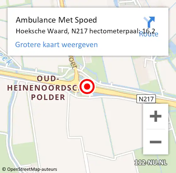 Locatie op kaart van de 112 melding: Ambulance Met Spoed Naar Hoeksche Waard, N217 hectometerpaal: 16,2 op 8 oktober 2023 13:02