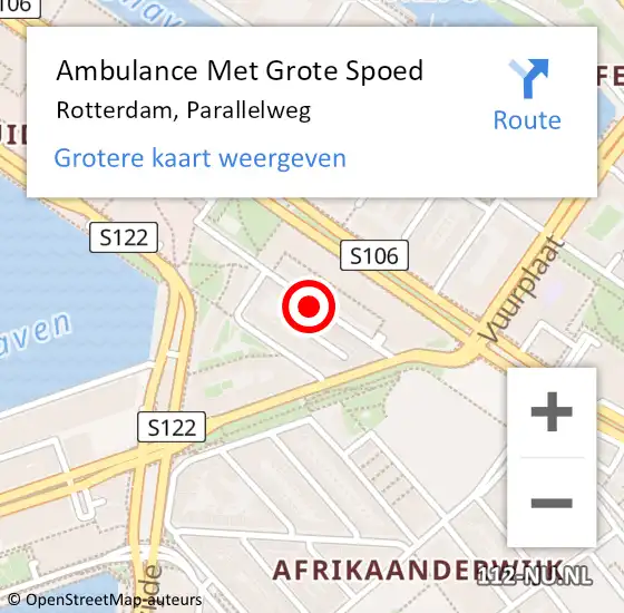 Locatie op kaart van de 112 melding: Ambulance Met Grote Spoed Naar Rotterdam, Parallelweg op 8 oktober 2023 16:33
