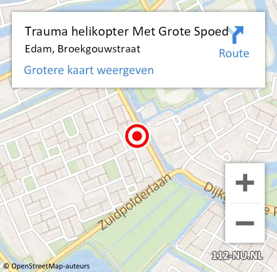 Locatie op kaart van de 112 melding: Trauma helikopter Met Grote Spoed Naar Edam, Broekgouwstraat op 8 oktober 2023 17:00