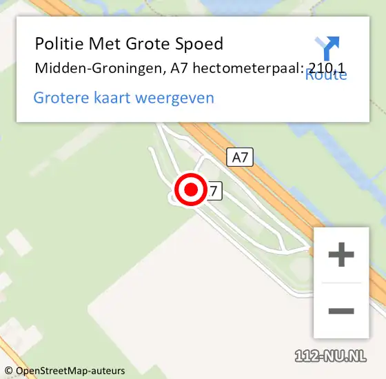Locatie op kaart van de 112 melding: Politie Met Grote Spoed Naar Midden-Groningen, A7 hectometerpaal: 210,1 op 8 oktober 2023 18:46