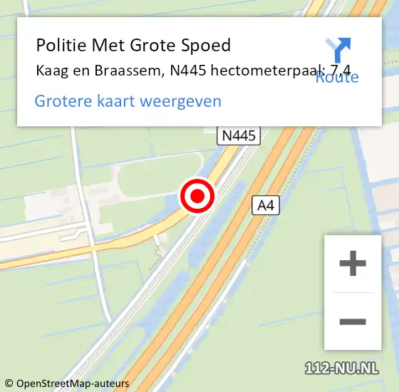 Locatie op kaart van de 112 melding: Politie Met Grote Spoed Naar Kaag en Braassem, N445 hectometerpaal: 7,4 op 9 oktober 2023 06:27