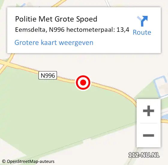 Locatie op kaart van de 112 melding: Politie Met Grote Spoed Naar Eemsdelta, N996 hectometerpaal: 13,4 op 9 oktober 2023 06:42