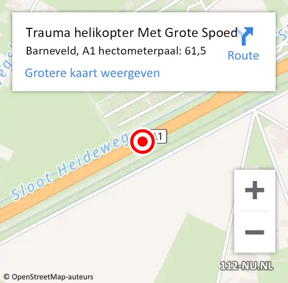 Locatie op kaart van de 112 melding: Trauma helikopter Met Grote Spoed Naar Barneveld, A1 hectometerpaal: 61,5 op 9 oktober 2023 08:41