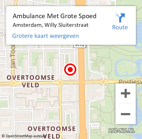 Locatie op kaart van de 112 melding: Ambulance Met Grote Spoed Naar Amsterdam, Willy Sluiterstraat op 9 oktober 2023 13:01