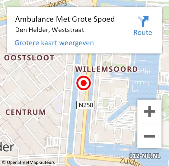 Locatie op kaart van de 112 melding: Ambulance Met Grote Spoed Naar Den Helder, Weststraat op 10 oktober 2023 17:05