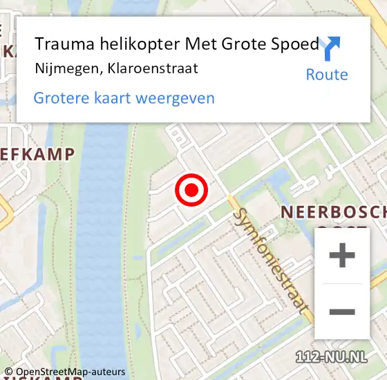 Locatie op kaart van de 112 melding: Trauma helikopter Met Grote Spoed Naar Nijmegen, Klaroenstraat op 10 oktober 2023 23:29