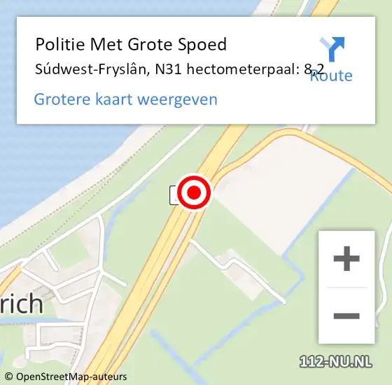 Locatie op kaart van de 112 melding: Politie Met Grote Spoed Naar Súdwest-Fryslân, N31 hectometerpaal: 8,2 op 11 oktober 2023 19:37