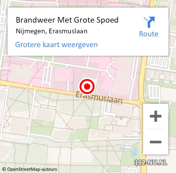 Locatie op kaart van de 112 melding: Brandweer Met Grote Spoed Naar Nijmegen, Erasmuslaan op 11 oktober 2023 19:42