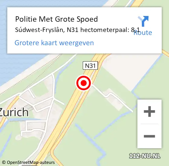 Locatie op kaart van de 112 melding: Politie Met Grote Spoed Naar Súdwest-Fryslân, N31 hectometerpaal: 8,1 op 11 oktober 2023 20:02