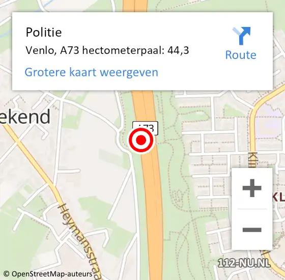 Locatie op kaart van de 112 melding: Politie Venlo, A73 hectometerpaal: 44,3 op 12 oktober 2023 06:53
