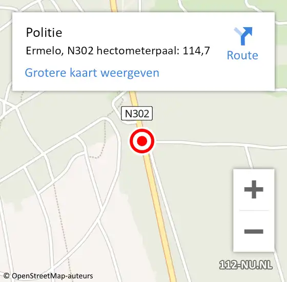 Locatie op kaart van de 112 melding: Politie Ermelo, N302 hectometerpaal: 114,7 op 12 oktober 2023 07:24