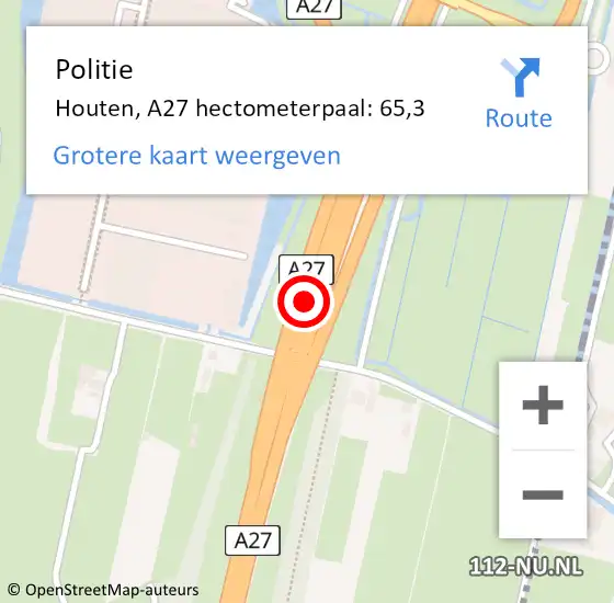 Locatie op kaart van de 112 melding: Politie Houten, A27 hectometerpaal: 65,3 op 12 oktober 2023 08:02