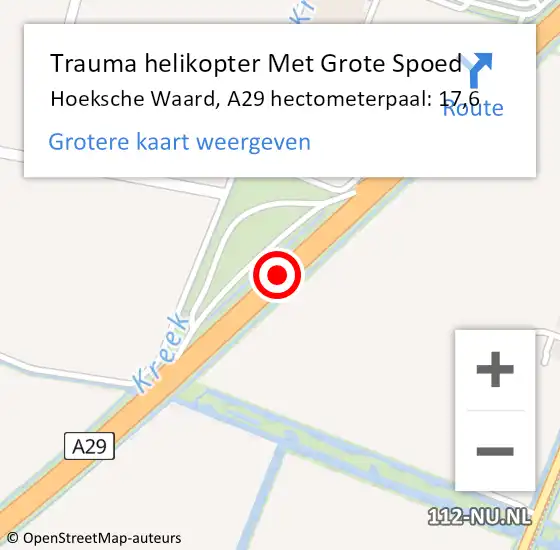 Locatie op kaart van de 112 melding: Trauma helikopter Met Grote Spoed Naar Hoeksche Waard, A29 hectometerpaal: 17,6 op 12 oktober 2023 15:16
