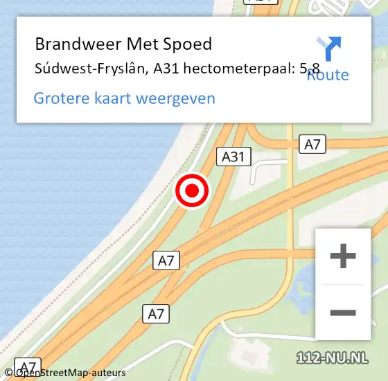 Locatie op kaart van de 112 melding: Brandweer Met Spoed Naar Súdwest-Fryslân, A31 hectometerpaal: 5,8 op 12 oktober 2023 15:29