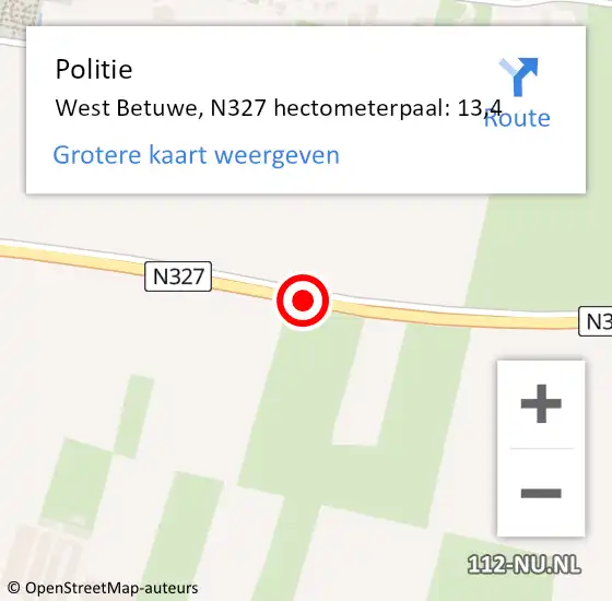 Locatie op kaart van de 112 melding: Politie West Betuwe, N327 hectometerpaal: 13,4 op 12 oktober 2023 16:26