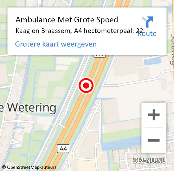 Locatie op kaart van de 112 melding: Ambulance Met Grote Spoed Naar Kaag en Braassem, A4 hectometerpaal: 22 op 12 oktober 2023 18:33