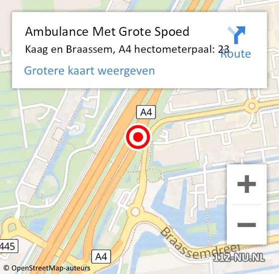 Locatie op kaart van de 112 melding: Ambulance Met Grote Spoed Naar Kaag en Braassem, A4 hectometerpaal: 23 op 12 oktober 2023 18:40