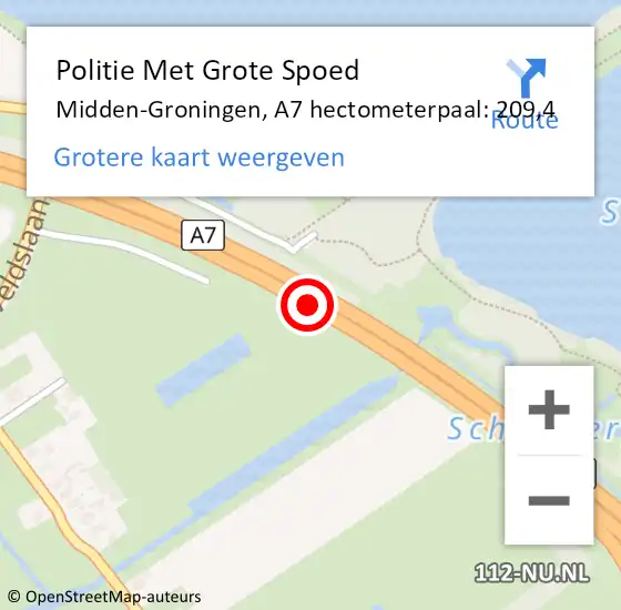 Locatie op kaart van de 112 melding: Politie Met Grote Spoed Naar Midden-Groningen, A7 hectometerpaal: 209,4 op 12 oktober 2023 20:17