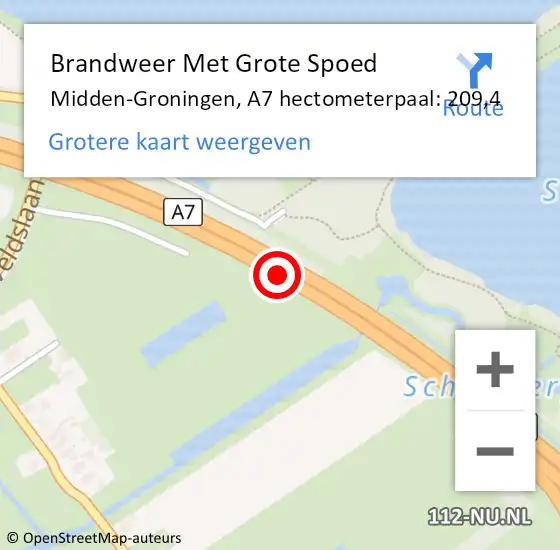 Locatie op kaart van de 112 melding: Brandweer Met Grote Spoed Naar Midden-Groningen, A7 hectometerpaal: 209,4 op 12 oktober 2023 20:19
