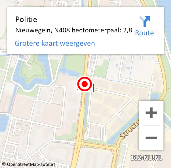 Locatie op kaart van de 112 melding: Politie Nieuwegein, N408 hectometerpaal: 2,8 op 13 oktober 2023 07:35