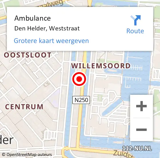 Locatie op kaart van de 112 melding: Ambulance Den Helder, Weststraat op 13 oktober 2023 08:28