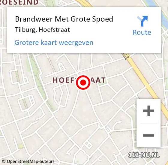 Locatie op kaart van de 112 melding: Brandweer Met Grote Spoed Naar Tilburg, Hoefstraat op 13 oktober 2023 12:12