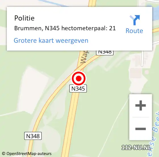 Locatie op kaart van de 112 melding: Politie Brummen, N345 hectometerpaal: 21 op 13 oktober 2023 16:40