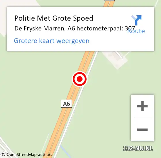 Locatie op kaart van de 112 melding: Politie Met Grote Spoed Naar De Fryske Marren, A6 hectometerpaal: 307 op 13 oktober 2023 19:57