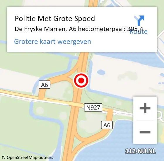Locatie op kaart van de 112 melding: Politie Met Grote Spoed Naar De Fryske Marren, A6 hectometerpaal: 305,4 op 13 oktober 2023 20:05