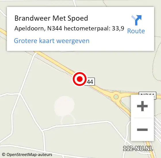 Locatie op kaart van de 112 melding: Brandweer Met Spoed Naar Apeldoorn, N344 hectometerpaal: 33,9 op 13 oktober 2023 22:58