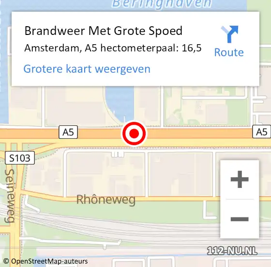 Locatie op kaart van de 112 melding: Brandweer Met Grote Spoed Naar Amsterdam, A5 hectometerpaal: 16,5 op 14 oktober 2023 07:44