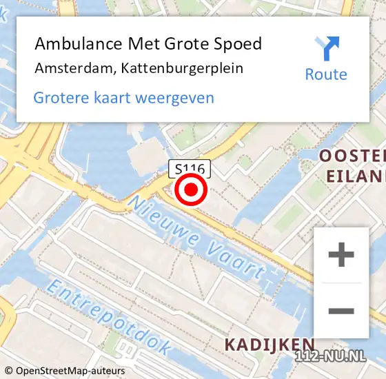 Locatie op kaart van de 112 melding: Ambulance Met Grote Spoed Naar Amsterdam, Kattenburgerplein op 14 oktober 2023 12:51