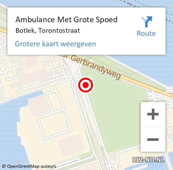 Locatie op kaart van de 112 melding: Ambulance Met Grote Spoed Naar Botlek, Torontostraat op 14 oktober 2023 15:18