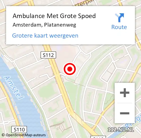 Locatie op kaart van de 112 melding: Ambulance Met Grote Spoed Naar Amsterdam, Platanenweg op 14 oktober 2023 18:39
