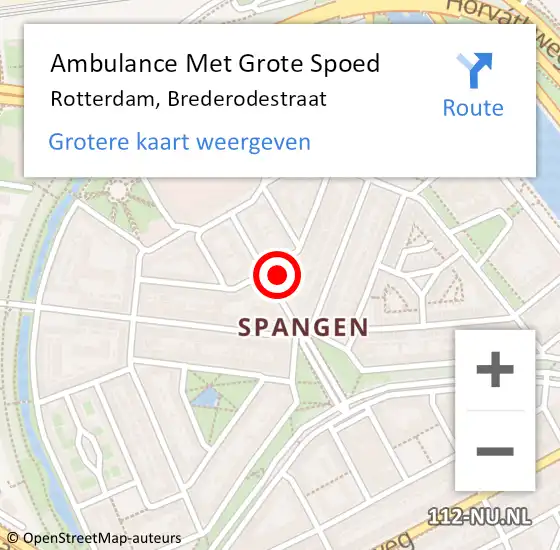 Locatie op kaart van de 112 melding: Ambulance Met Grote Spoed Naar Rotterdam, Brederodestraat op 14 oktober 2023 21:03