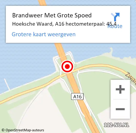 Locatie op kaart van de 112 melding: Brandweer Met Grote Spoed Naar Hoeksche Waard, A16 hectometerpaal: 45,4 op 14 oktober 2023 23:05