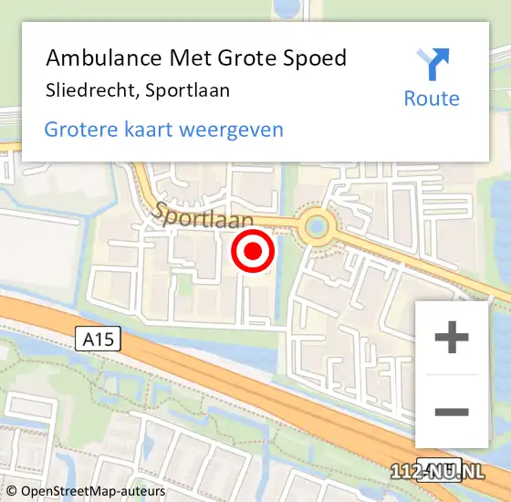 Locatie op kaart van de 112 melding: Ambulance Met Grote Spoed Naar Sliedrecht, Sportlaan op 14 oktober 2023 23:09
