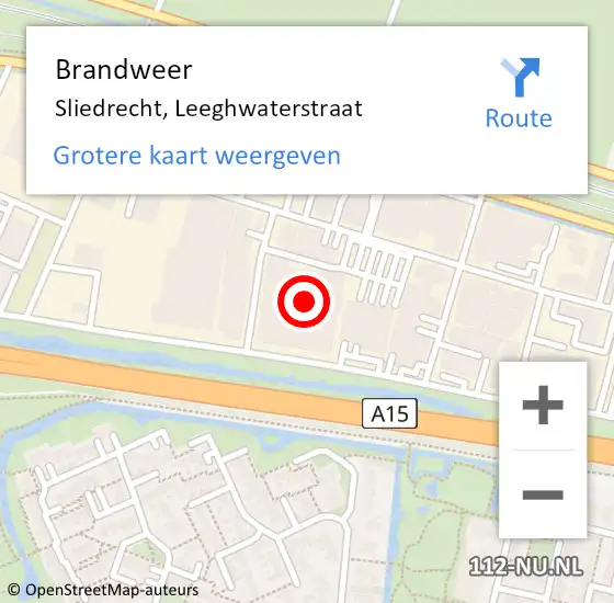 Locatie op kaart van de 112 melding: Brandweer Sliedrecht, Leeghwaterstraat op 15 oktober 2023 00:57