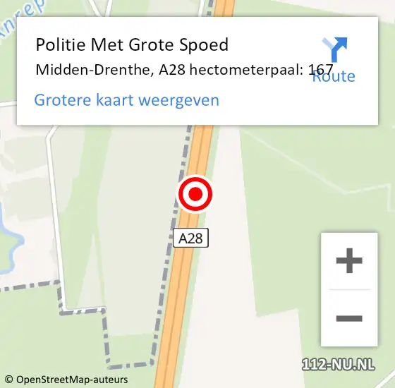Locatie op kaart van de 112 melding: Politie Met Grote Spoed Naar Midden-Drenthe, A28 hectometerpaal: 167 op 15 oktober 2023 07:55