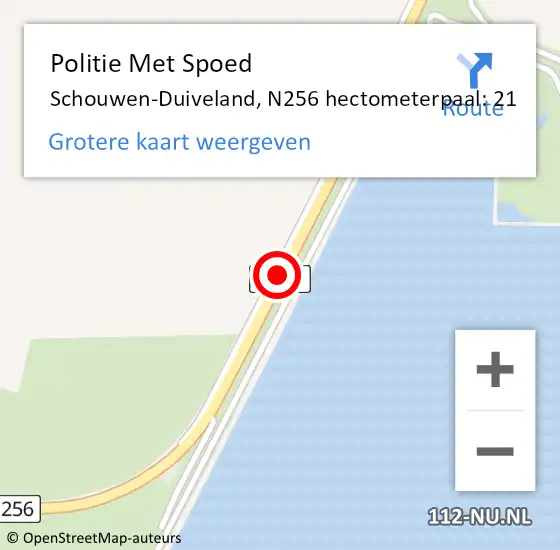 Locatie op kaart van de 112 melding: Politie Met Spoed Naar Schouwen-Duiveland, N256 hectometerpaal: 21 op 15 oktober 2023 11:31