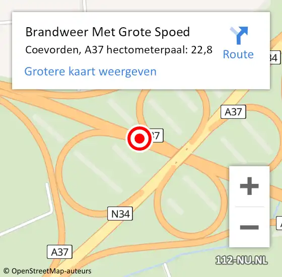 Locatie op kaart van de 112 melding: Brandweer Met Grote Spoed Naar Coevorden, A37 hectometerpaal: 22,8 op 15 oktober 2023 12:35