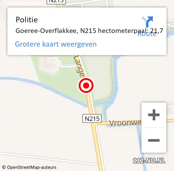 Locatie op kaart van de 112 melding: Politie Goeree-Overflakkee, N215 hectometerpaal: 21,7 op 15 oktober 2023 13:57